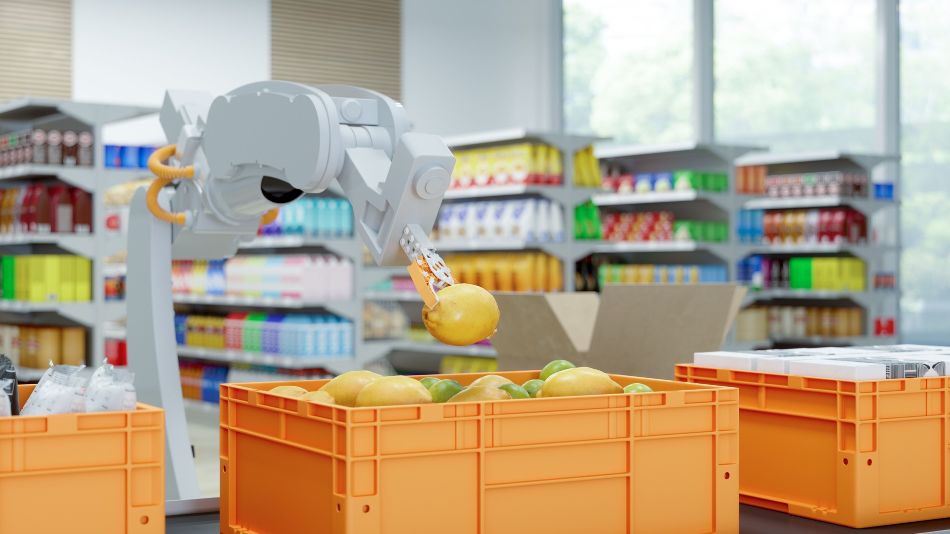 Robotic Arm Working In The Supermarket As An Attendant For Checking The Stocks And Helping Customers As An Assistance.